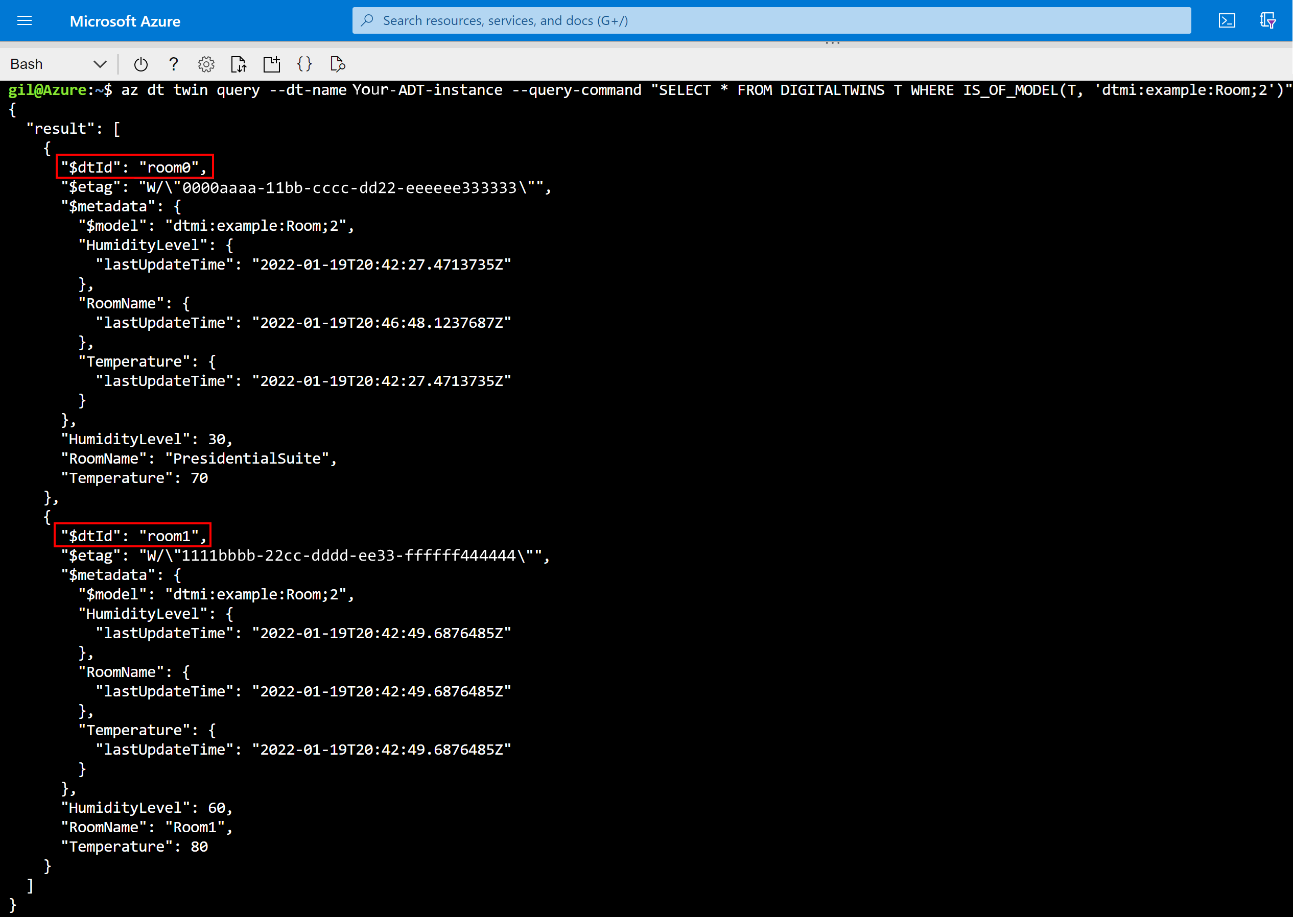 Screenshot of Cloud Shell showing result of model query, which includes only room0 and room1.