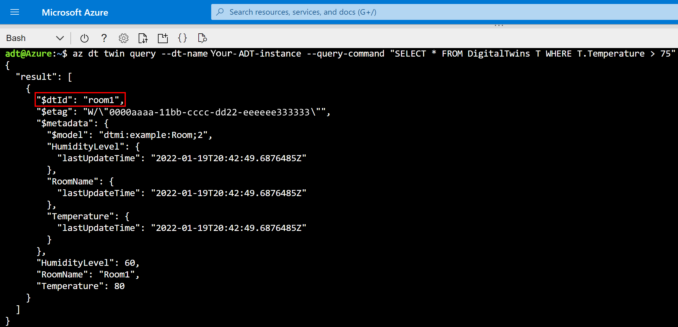 Screenshot of Cloud Shell showing result of property query, which includes only room1.