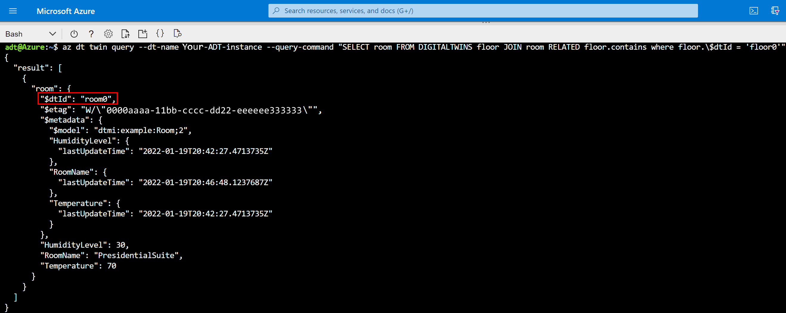Screenshot of Cloud Shell showing result of relationship query, which includes room0.