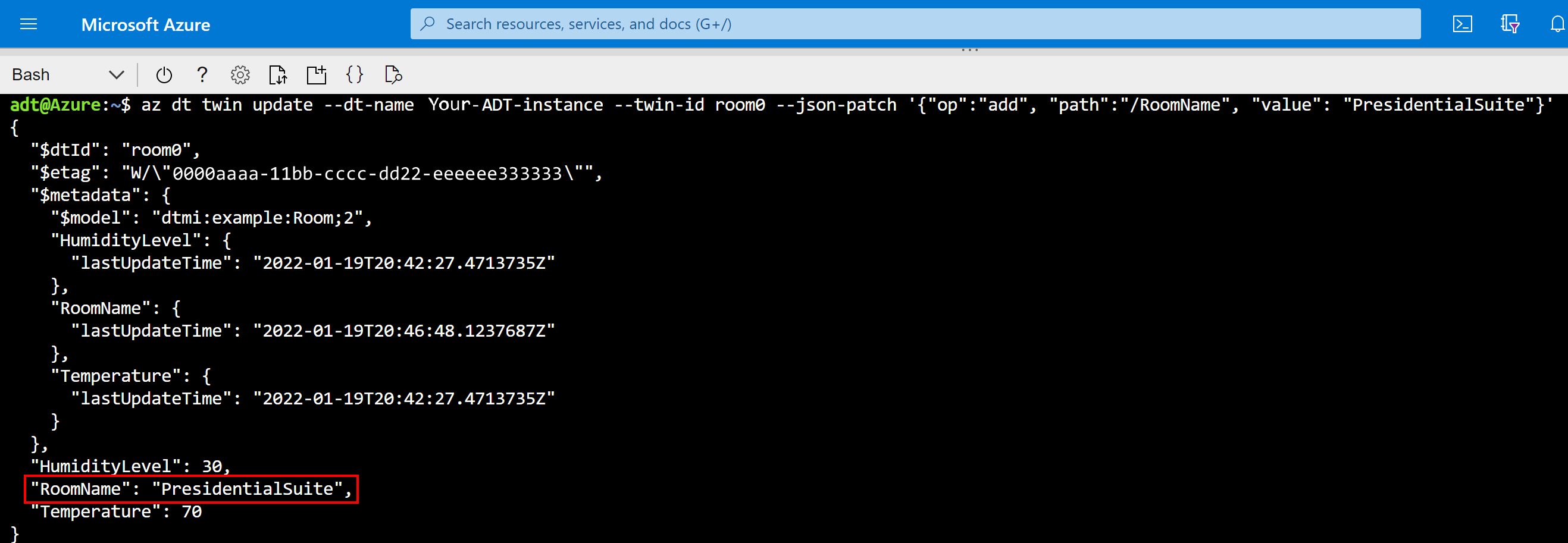 Screenshot of Cloud Shell showing result of the update command, which includes a RoomName of PresidentialSuite.