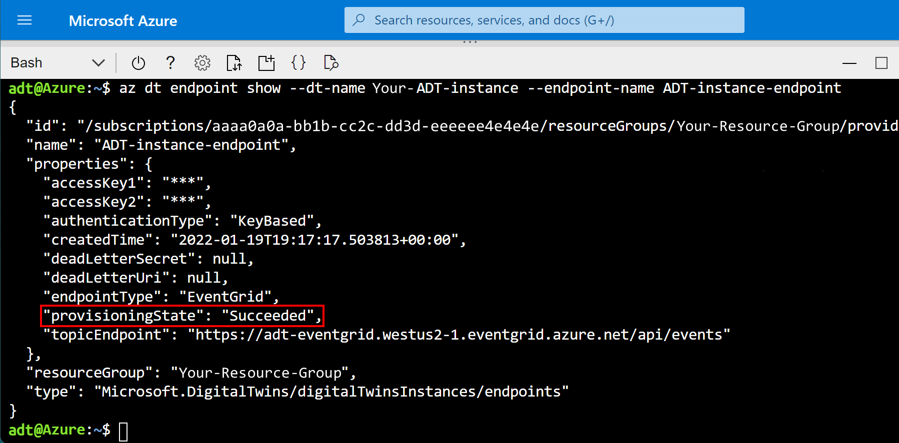 Screenshot of the result of the endpoint query in the Cloud Shell of the Azure portal, showing the endpoint with a provisioningState of Succeeded.