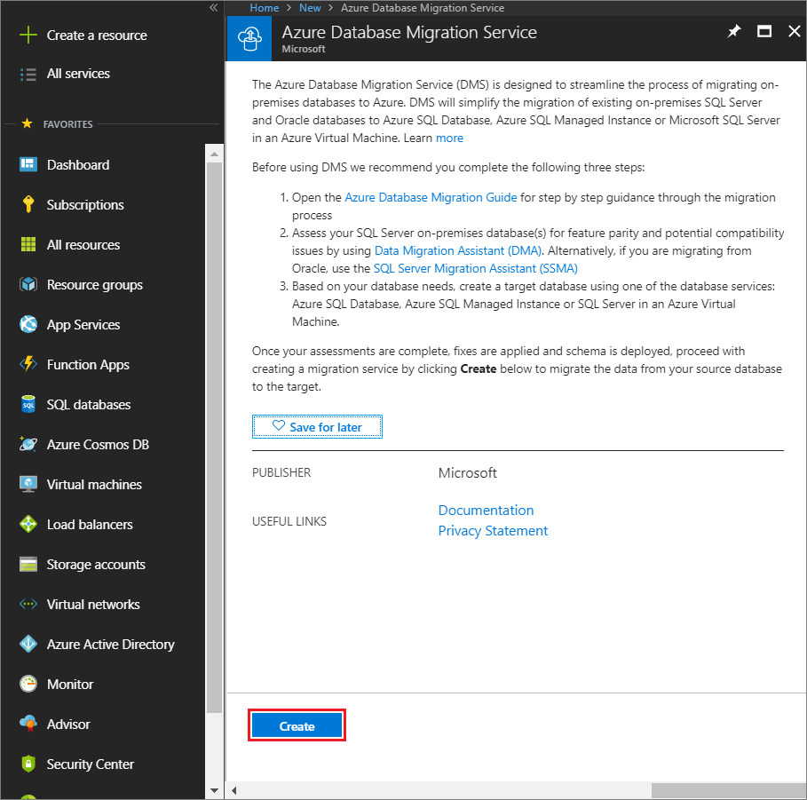 Screenshot of Create Azure Database Migration Service instance.