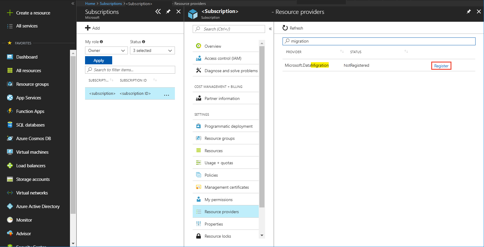 Screenshot of Register resource provider.