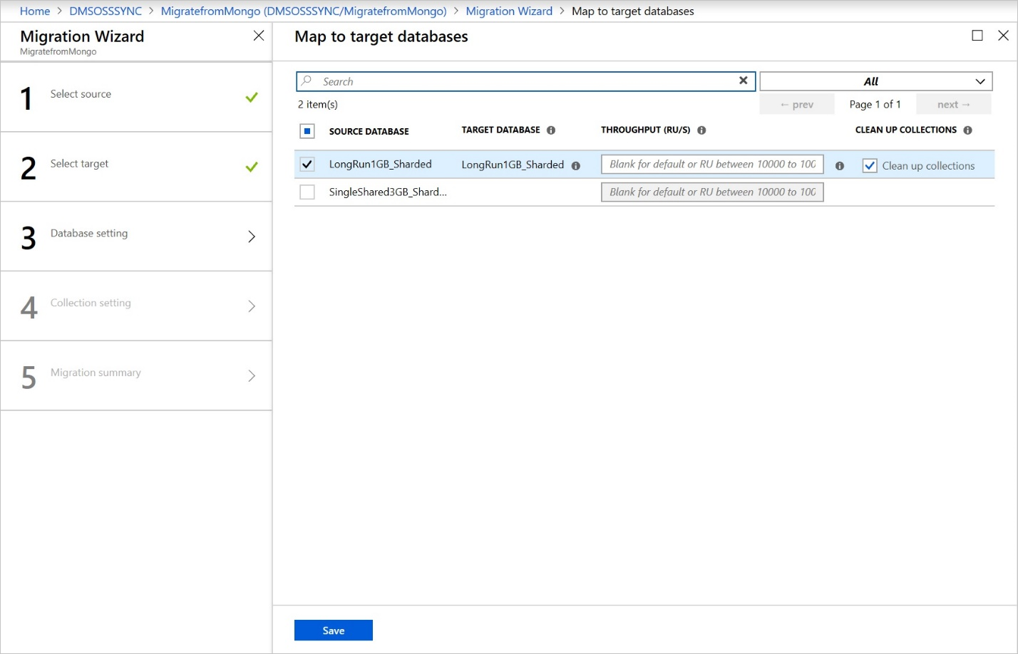 Screenshot of Map to target databases.
