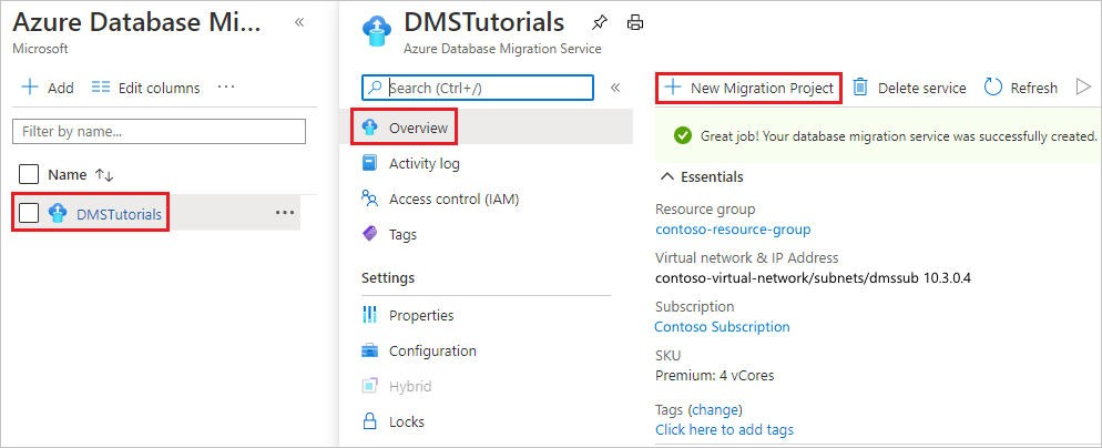 Screenshot of a Searching the Azure Database Migration Service instance.