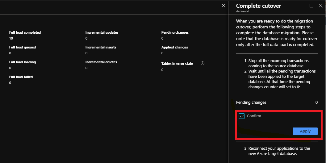 Screenshot of Complete cutover screen.