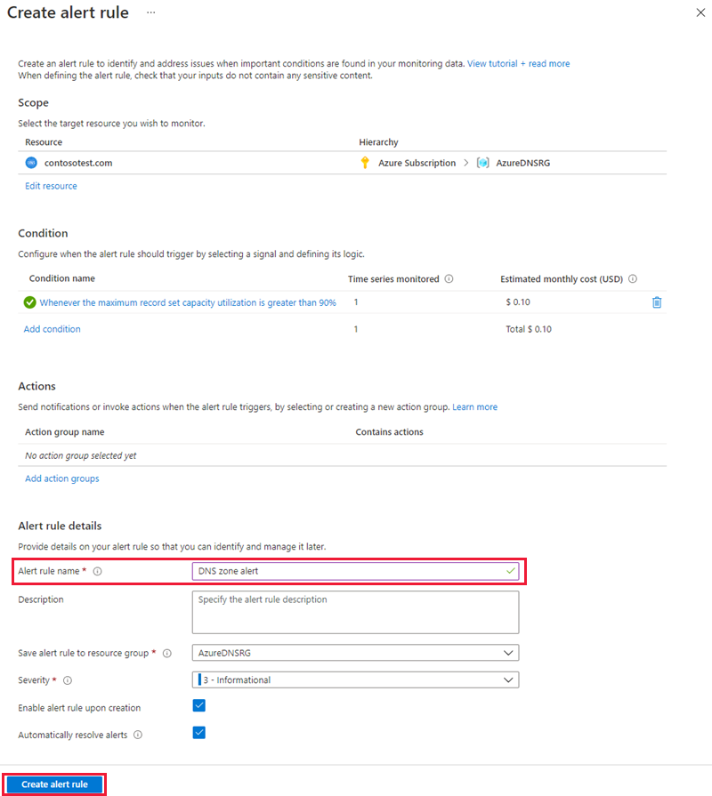 Screenshot of create alert rule page with the Alert rule name highlighted.