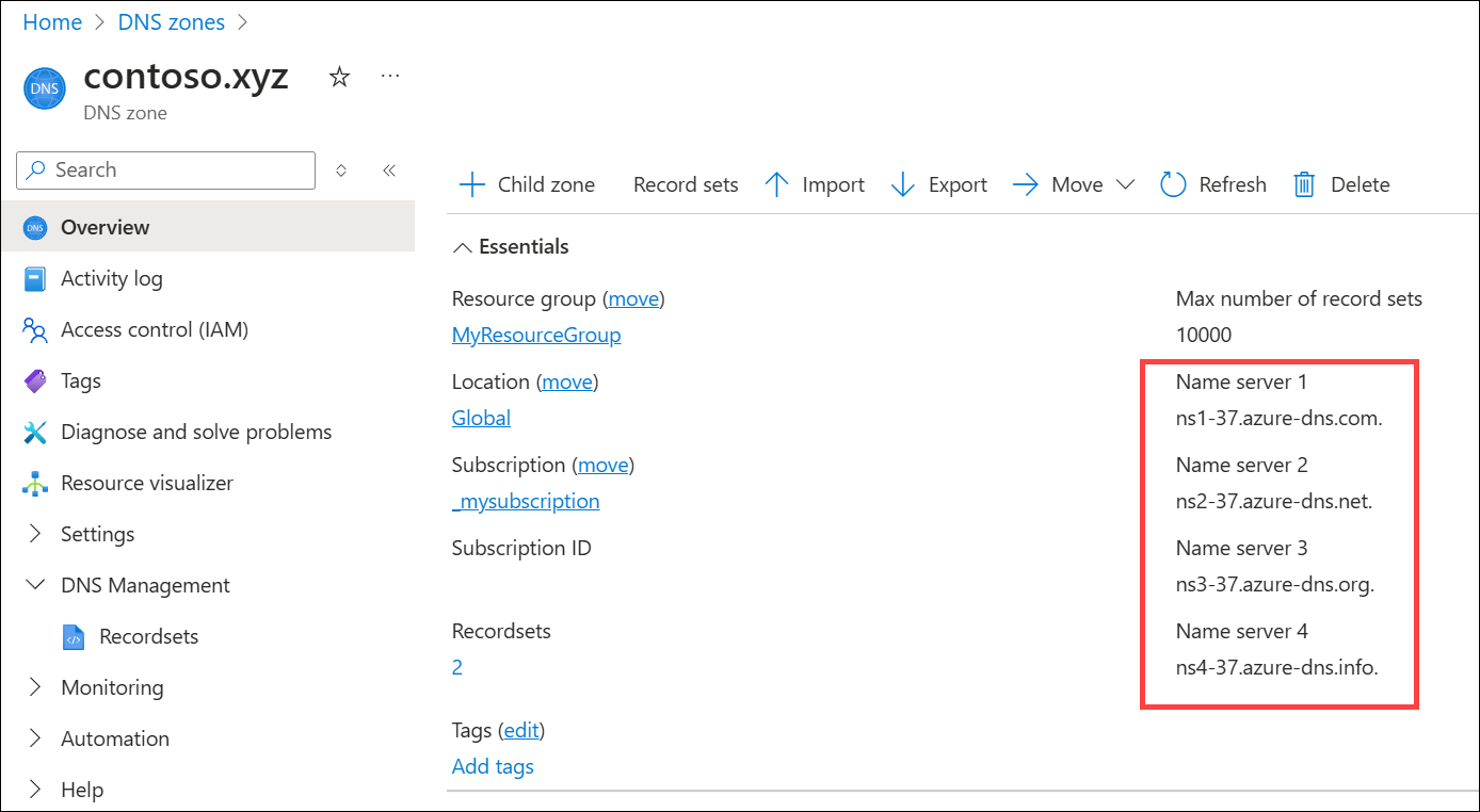 Screenshot showing the overview of DNS zone contoso.xyz.
