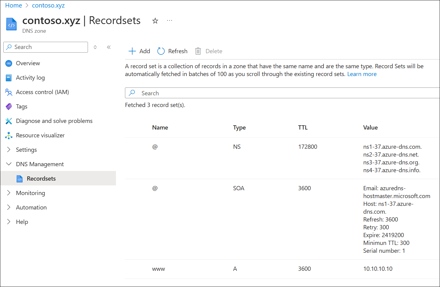 A screenshot of the DNS zone contents.