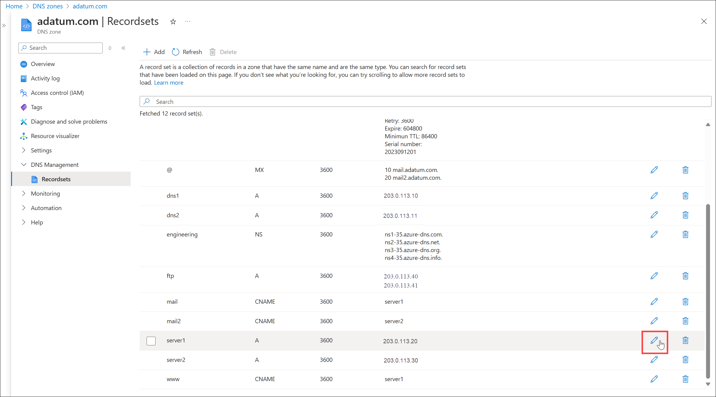 Screenshot showing the selection of a recordset.