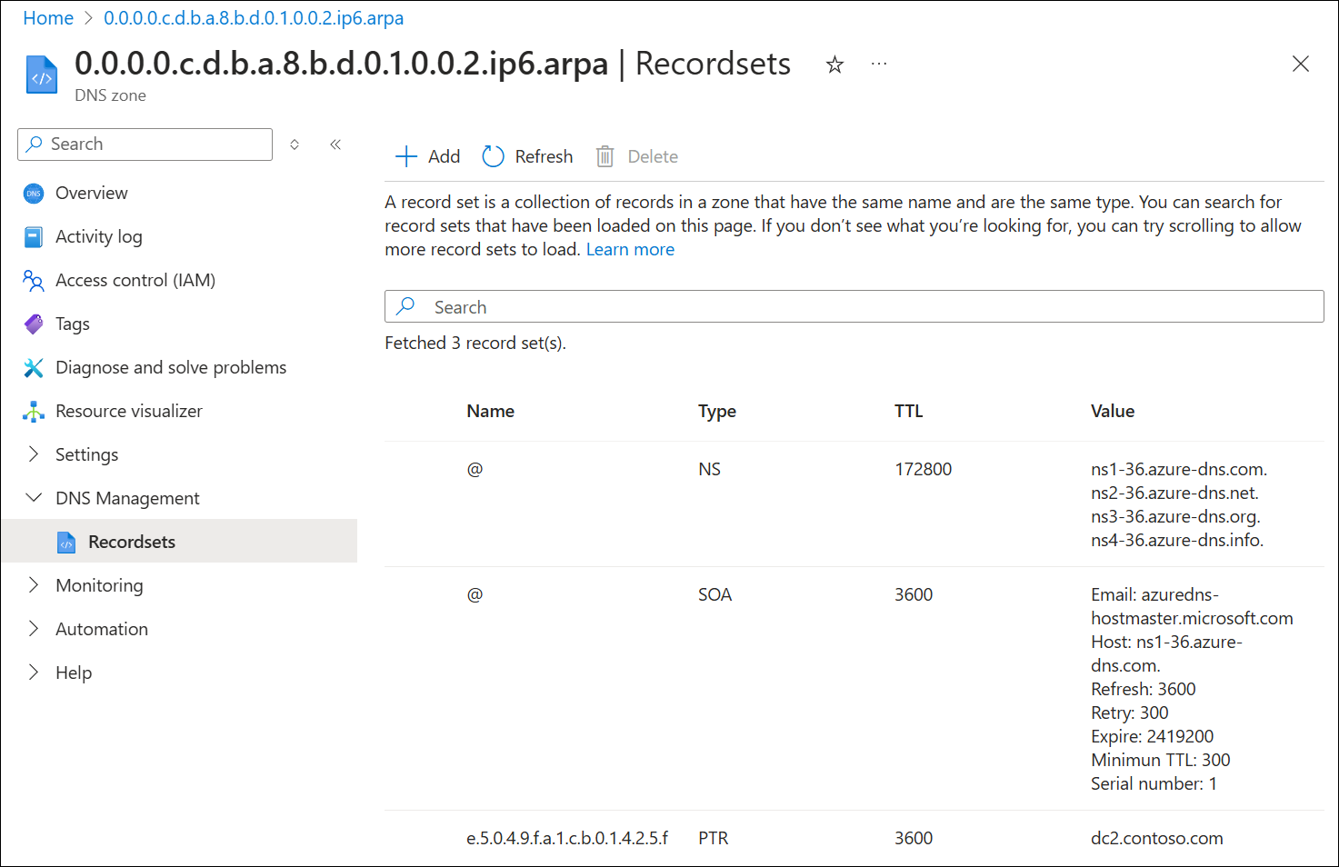 Screenshot of IPv6 pointer record on overview page.