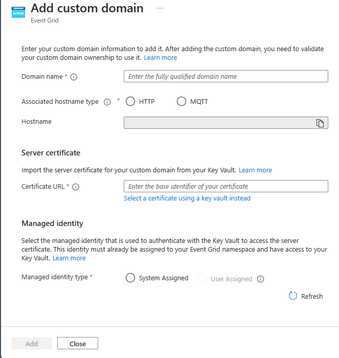 Screenshot that shows the Add custom domain page.