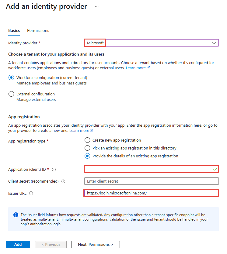 Screenshot that shows the Add an identity provider with Microsoft as an identity provider.