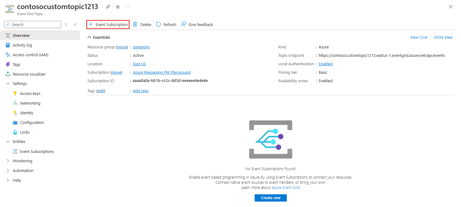 Screenshot that shows the Add Event Subscription button on the toolbar.