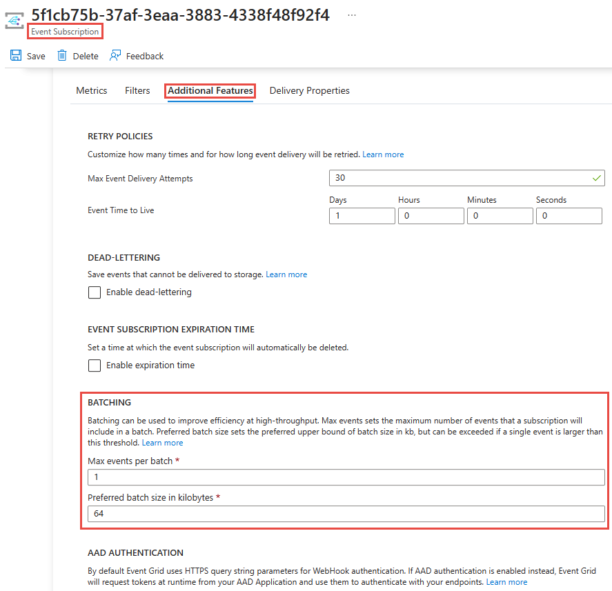 Screenshot sowing the Additional Features tab of Event Subscription page with Batching section highlighted.