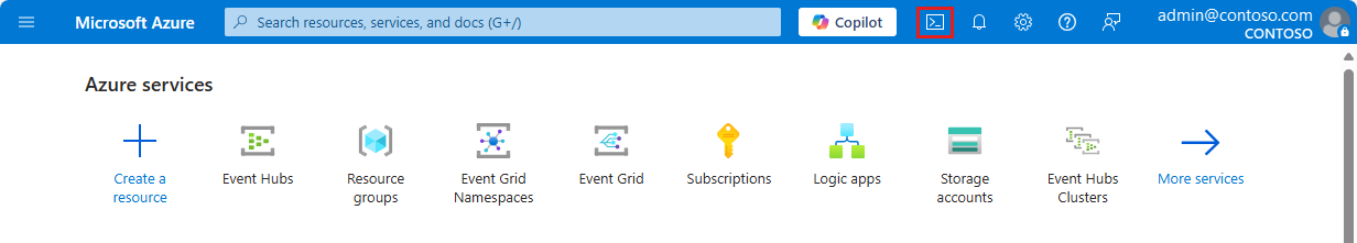 Screenshot of Azure portal showing the selection of Cloud Shell button.