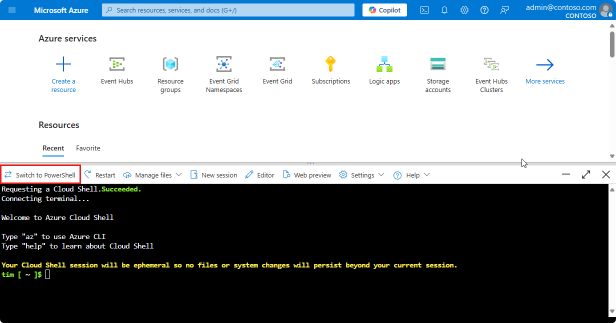 Screenshot showing the Cloud Shell initialized.