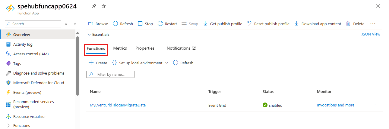 Screenshot showing the confirmation of function creation.