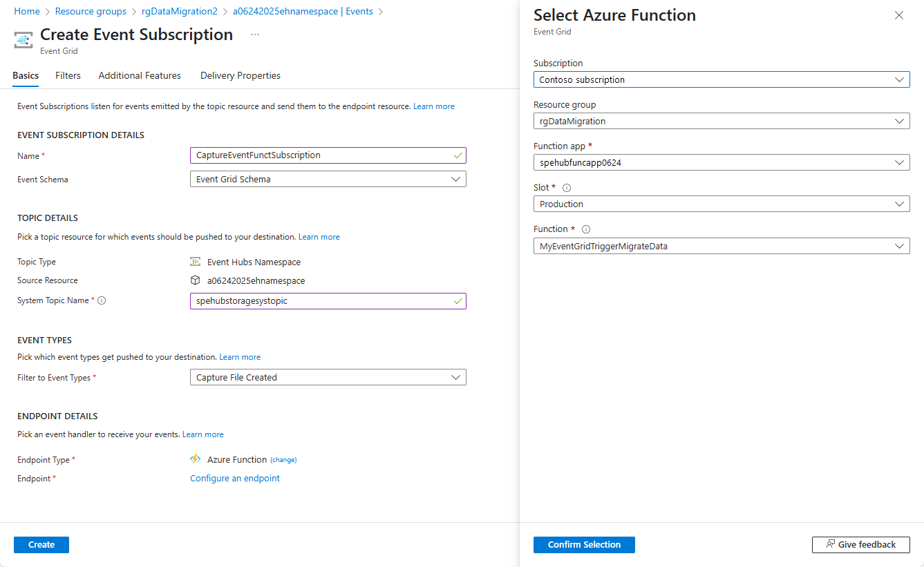 Screenshot of the Create an event subscription page.