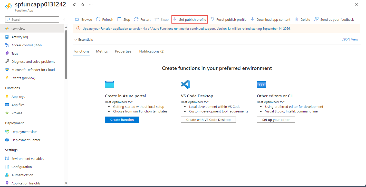 Screenshot showing the selection of the **Get Publish Profile** button on the command bar of the function app page.