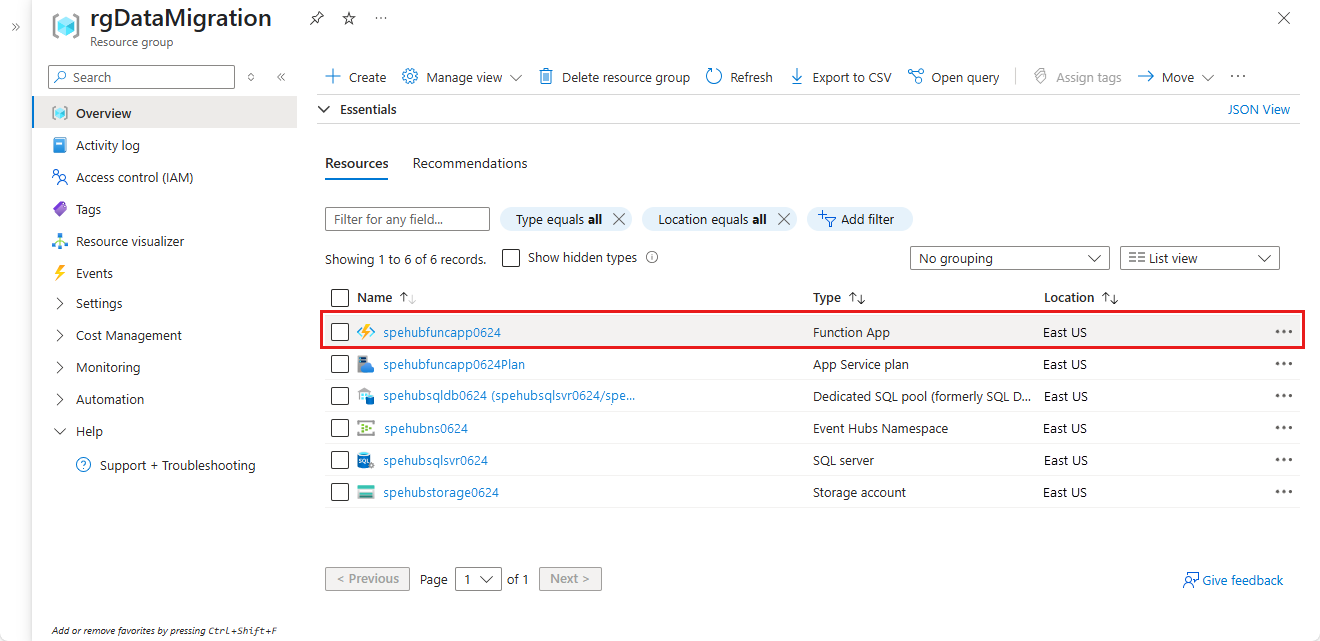 Screenshot showing the selection of the function app in the list of resources for a resource group.