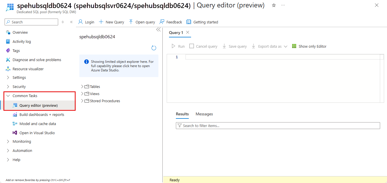 Screenshot showing the selection of Query Editor on a Dedicated SQL pool page in the Azure portal.