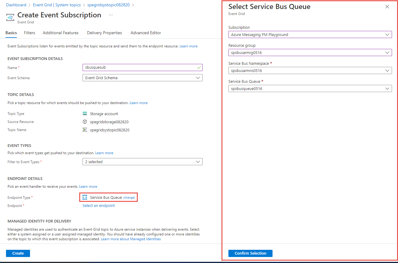 Screenshot of configuring a Service Bus queue as an event handler in Azure Event Grid.