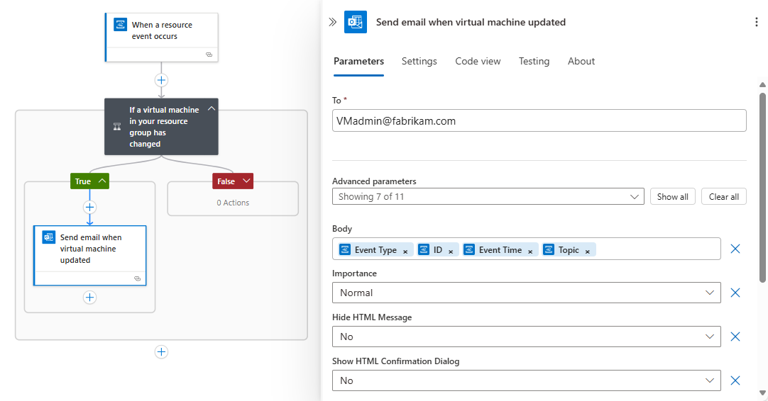 Screenshot shows designer with complete workflow and details for trigger and actions.