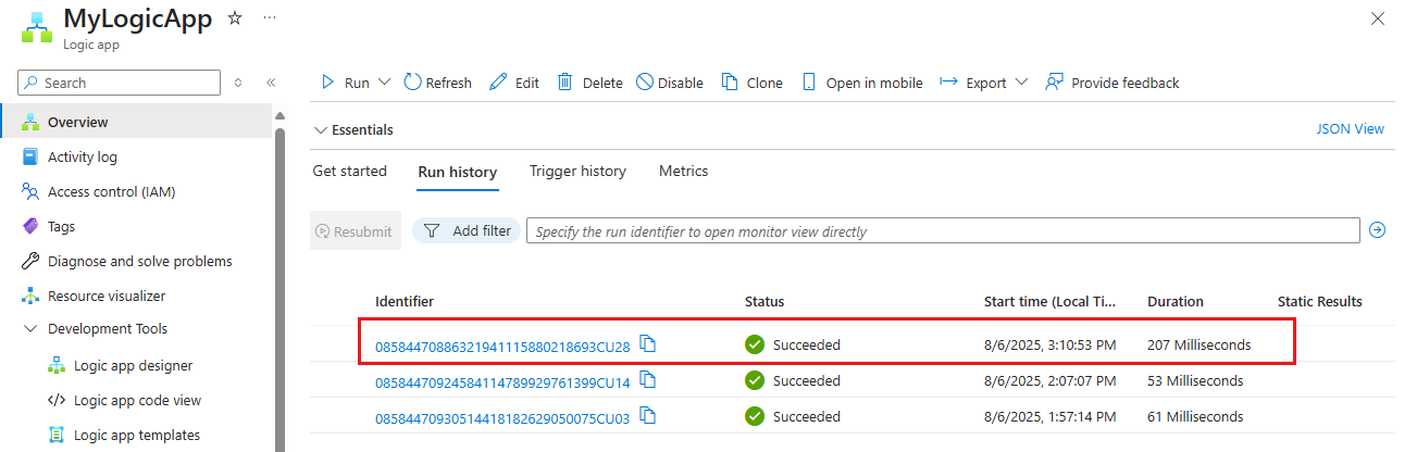 Screenshot shows the logic app overview page with a successful run selected.