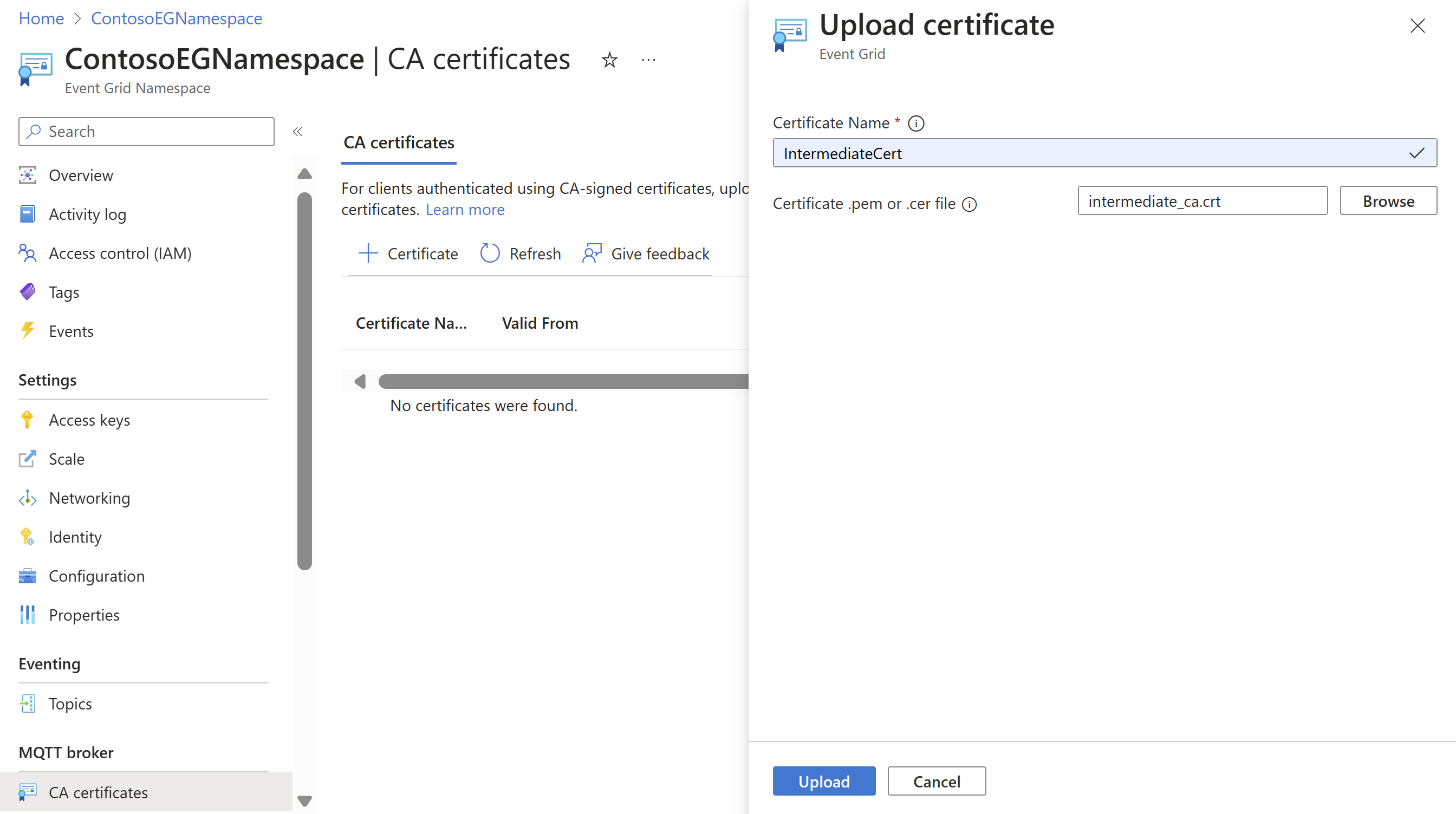 Screenshot showing the added CA certificate listed in the CA certificates page.