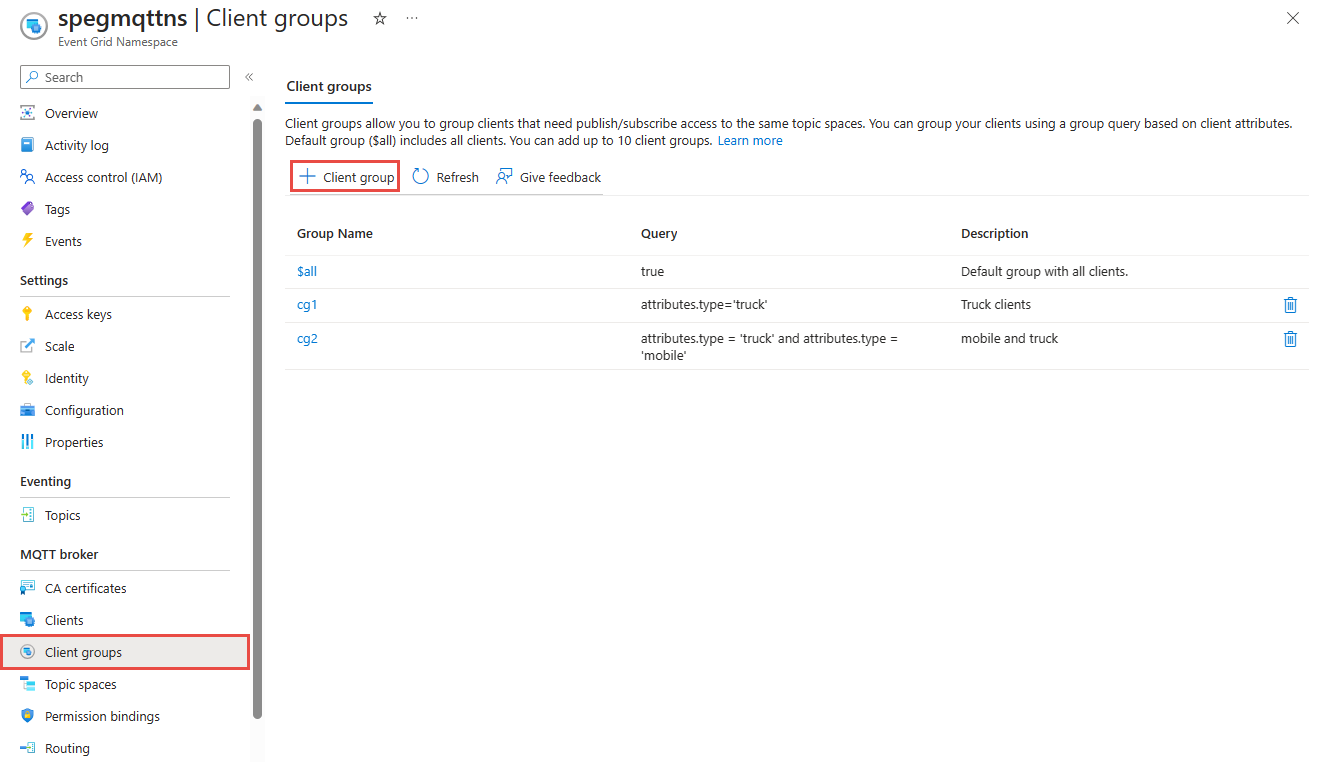 Screenshot of adding a client group.