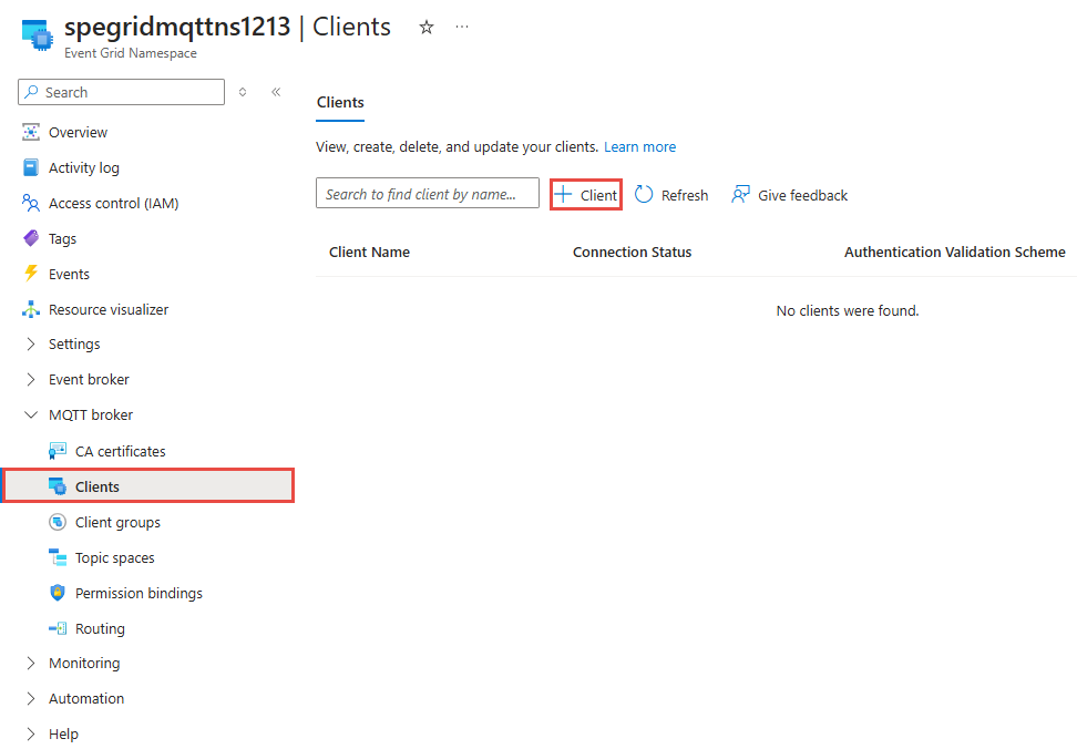 Screenshot of the Clients page with Add button selected.