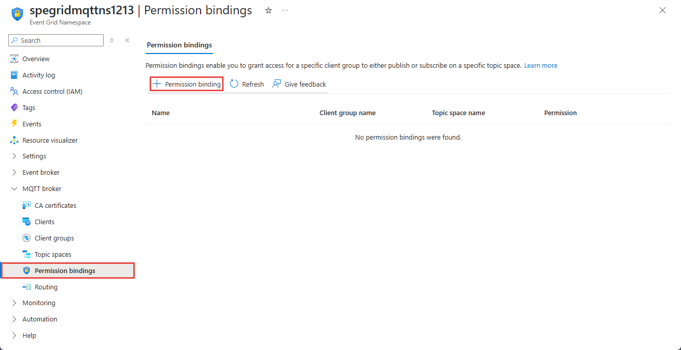 Screenshot that shows the Permission bindings page with the Create button selected.