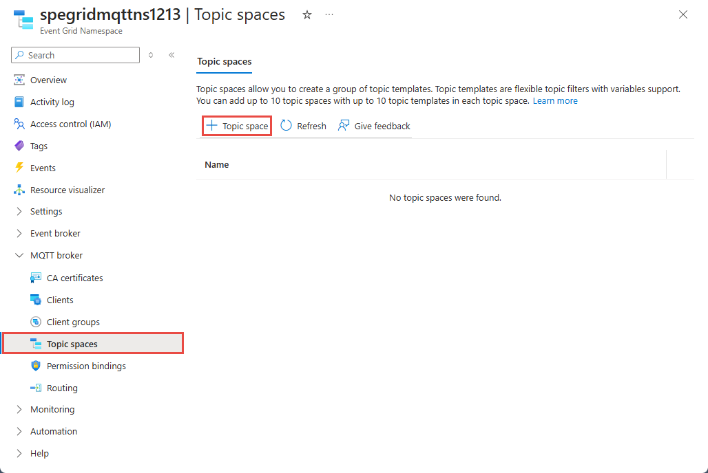 Screenshot of Topic spaces page with create button selected.