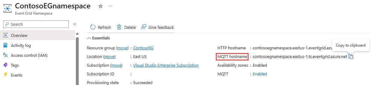 Screenshot showing Event Grid namespace overview page, which has MQTT hostname.