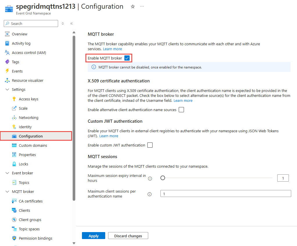 Screenshot showing Event Grid namespace configuration page to enable MQTT.