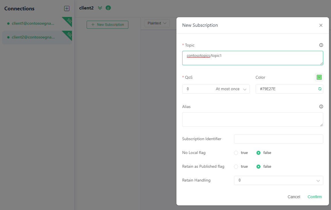 Screenshot showing subscription topic configuration on MQTTX app.