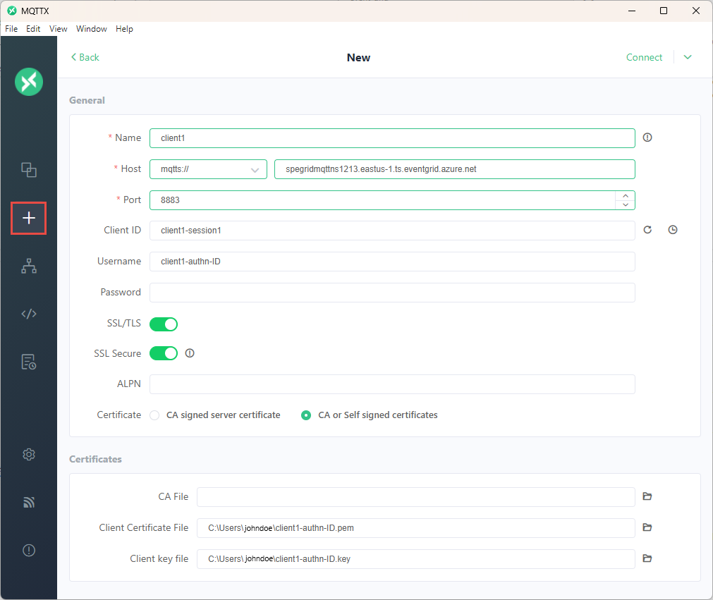Screenshot showing client 1 configuration part 1 on MQTTX app.