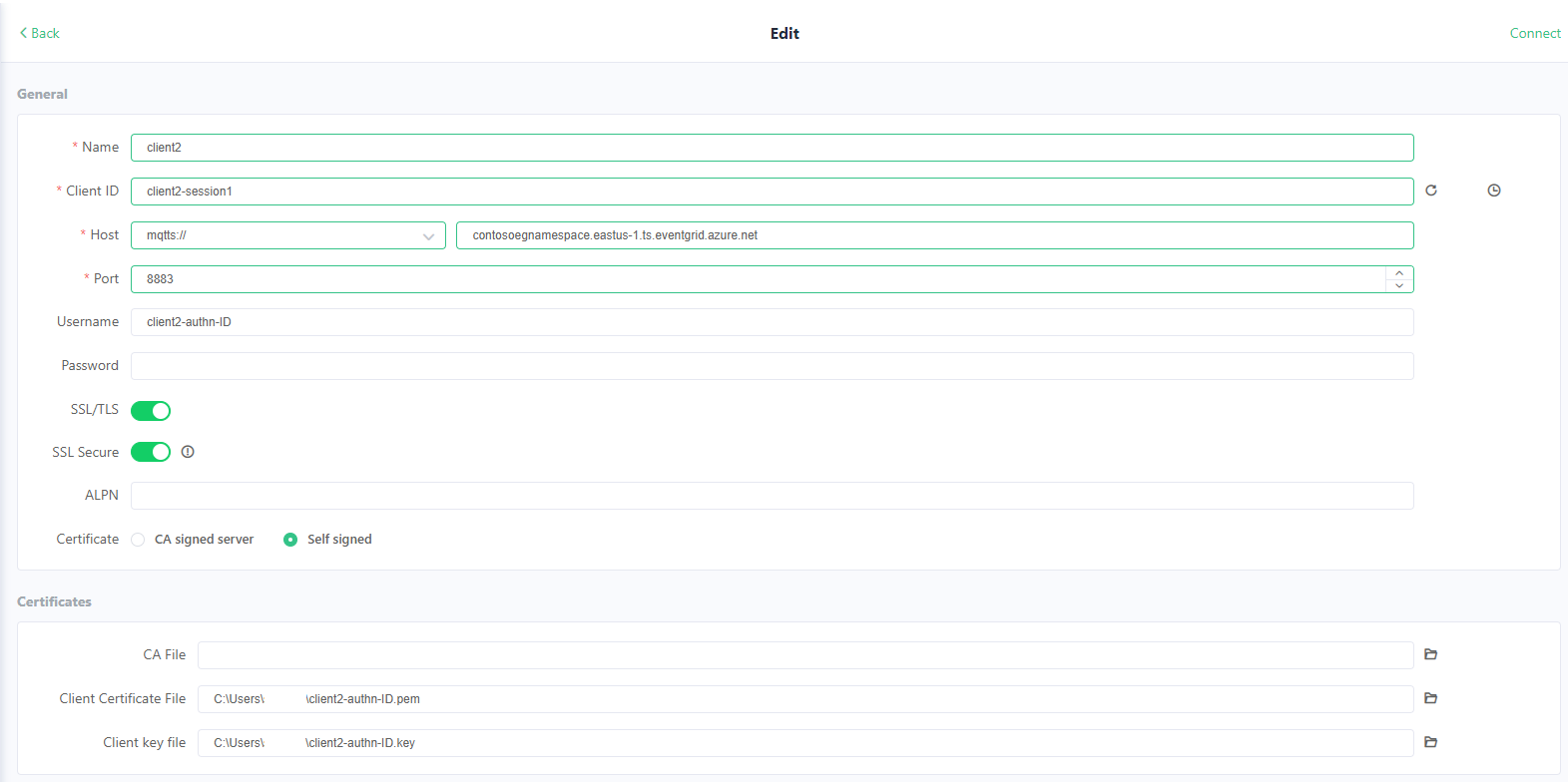 Screenshot showing client 2 configuration part 1 on MQTTX app.
