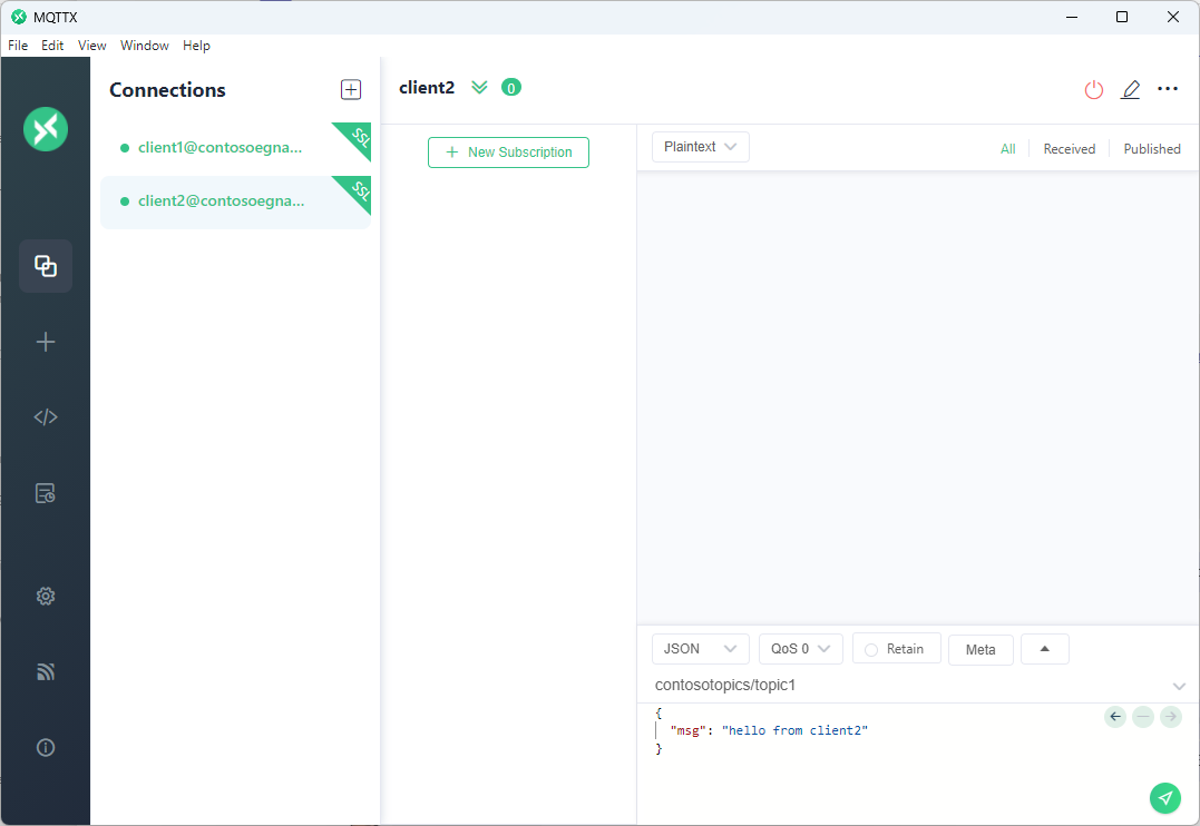 Screenshot showing client 2 configuration part 2 on MQTTX app.
