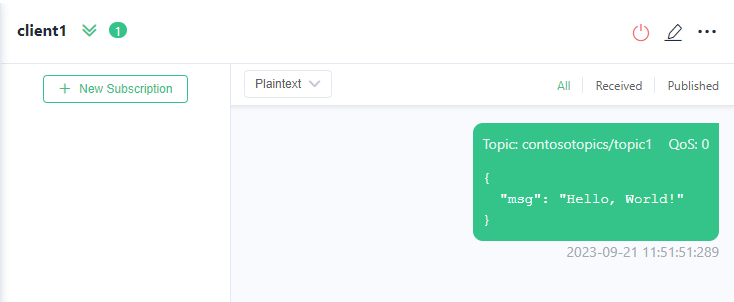 Screenshot showing message published on the topic in MQTTX app.