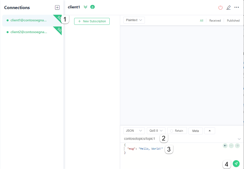 Screenshot showing message publishing on the topic in MQTTX app.