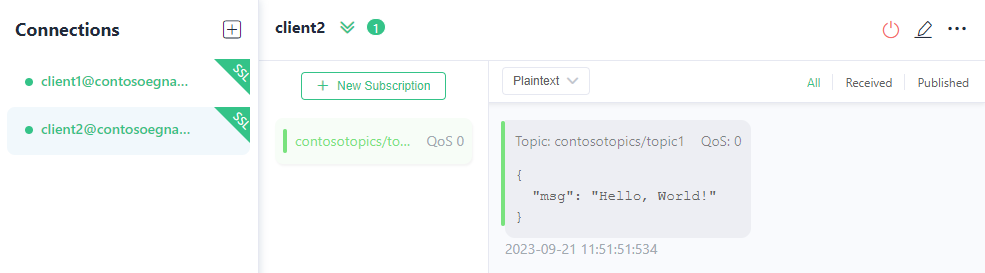 Screenshot showing the message received by the subscribing client on MQTTX app.