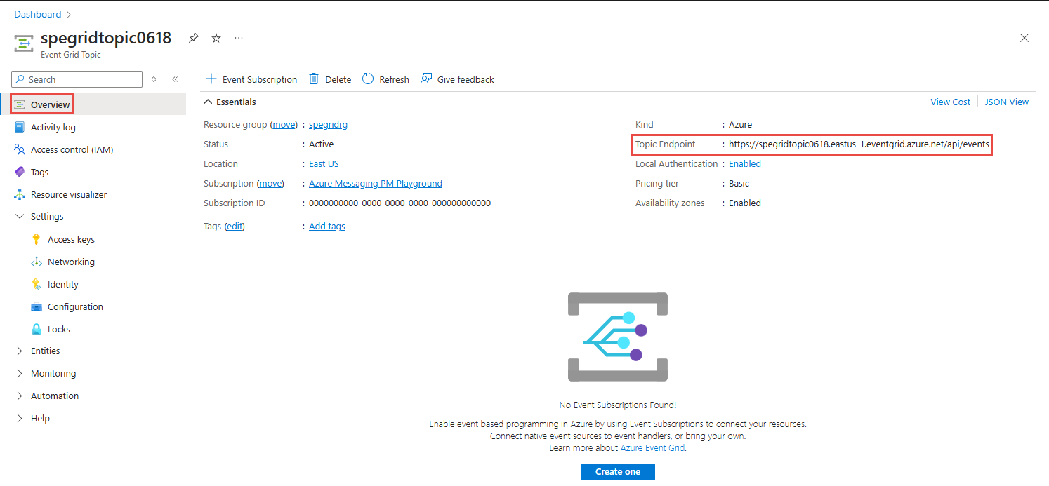 Screenshot of the Event Grid topic page in the Azure portal with the topic endpoint highlighted.