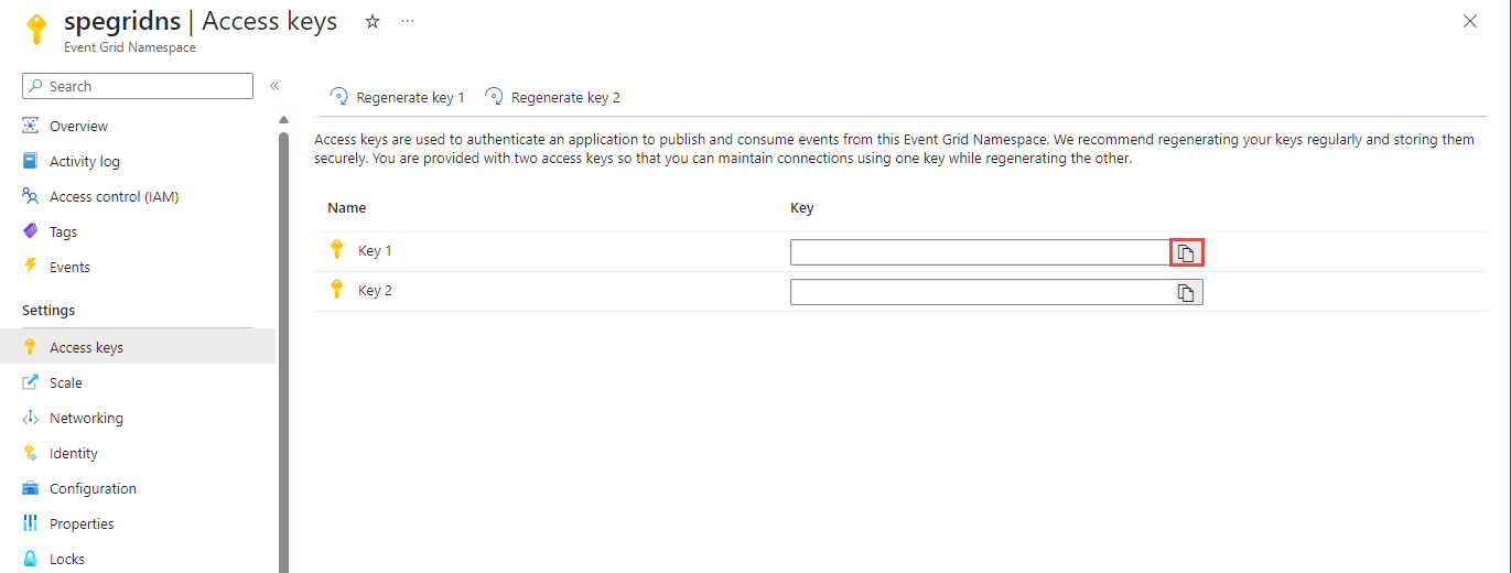 Screenshot that shows the Event Grid Namespaces page with the Access keys tab selected.