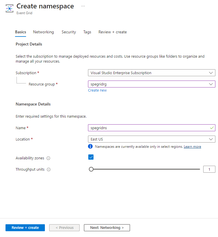 Screenshot that shows the Create Namespace page.