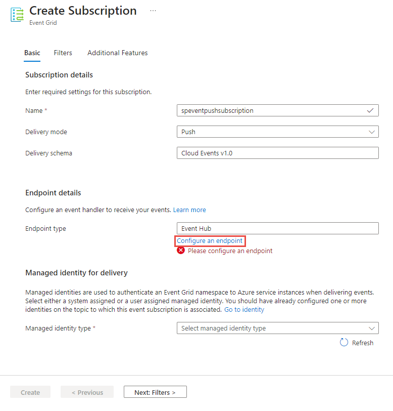 Screenshot that shows the Create Subscription page with Push selected for Delivery mode.