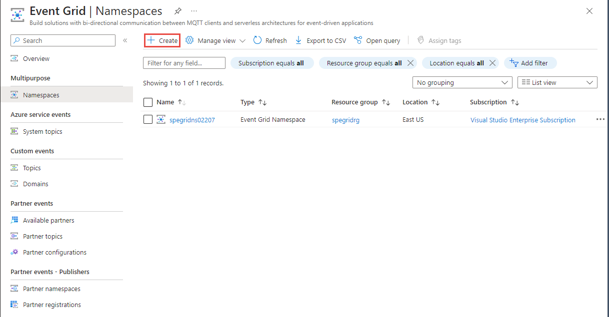 Screenshot that shows the Event Grid Namespaces page with the Create button on the command bar selected.
