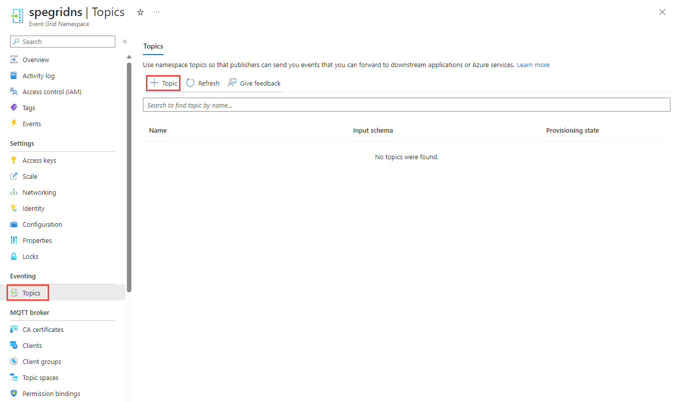 Screenshot that shows the Topics page.