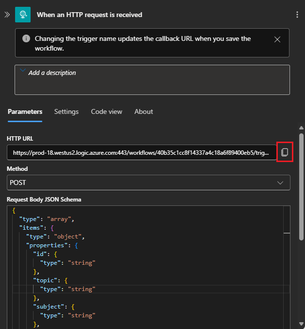 Screenshot of how to copy the HTTP URL for the trigger.